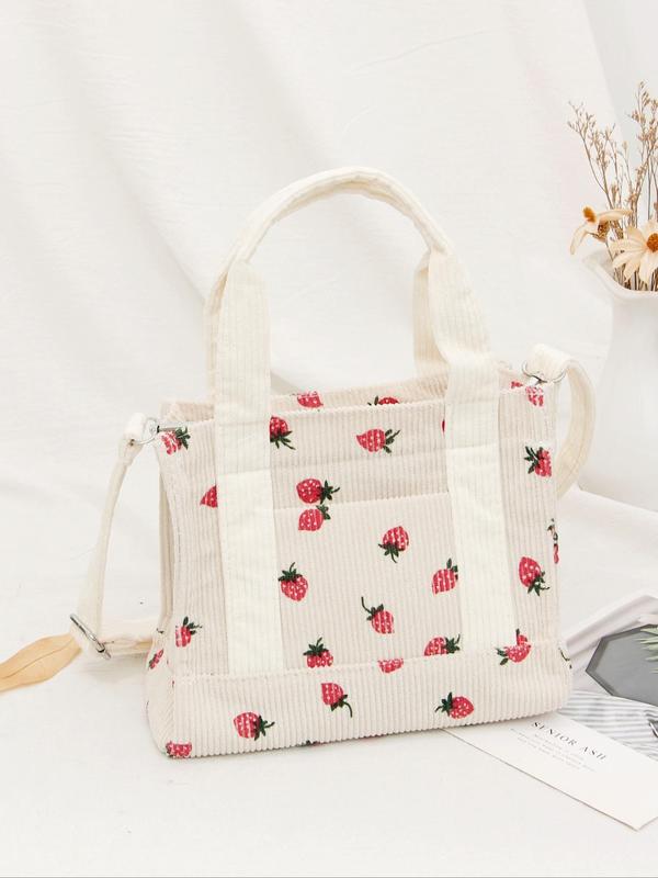 Women's Cute Strawberry Pattern Handbag for Summer, Fashionable Corduroy Crossbody Bag for Women & Girls, Casual Versatile Crossbody Bag for Daily Use