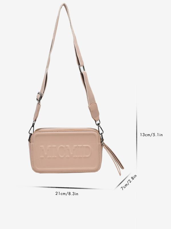 Women's Summer Elegant Letter Embossed Design Shoulder Bag, Trendy Double Zipper Small Square Bag with Adjustable Wide Shoulder Strap, Casual Pu Leather Crossbody Bag for Daily Use