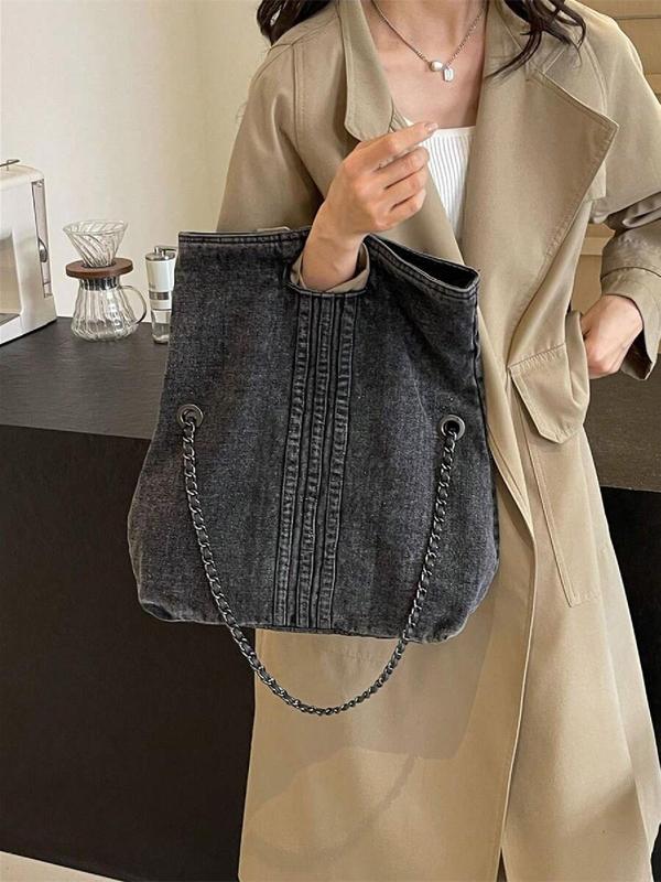 Women's Fashionable Denim Shoulder Bag, Casual Solid Color Chain Strap Crossbody Bag for Daily Used, Trendy All-match Commuter Bag