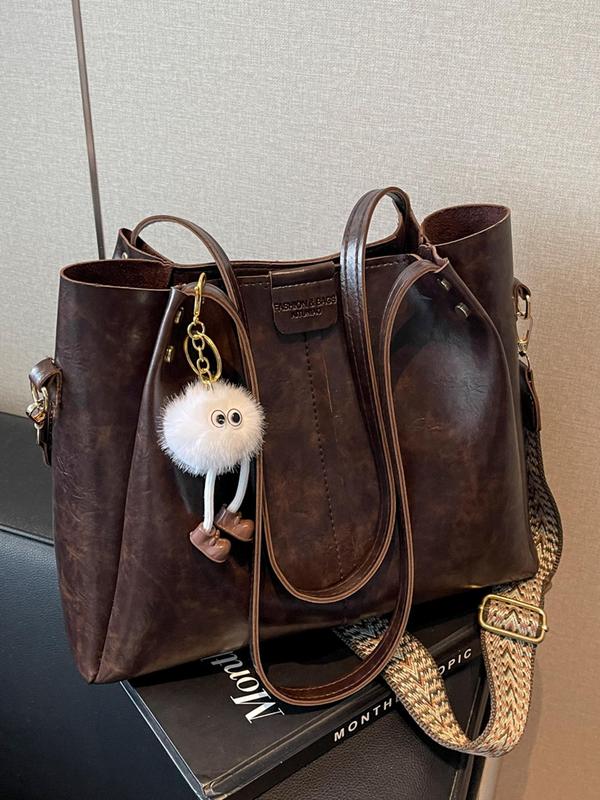 Women's Fashionable Solid Color Tote Bag with Pom Pom Charm, Large Capacity Shoulder Bag for Daily Used, Casual Trendy Versatile High-quality Daily Commuting Bag, Girl Fashionable Bag