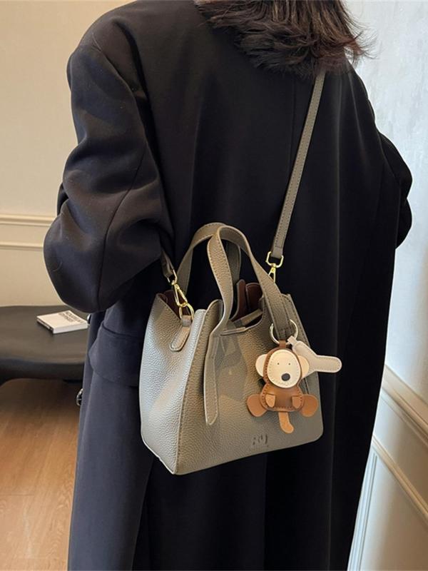 Women's Elegant Solid Color Bucket Bag, 2024 New Style Fashionable Shoulder Bag with Cute Charm, Casual Versatile High-end Commuting Bag