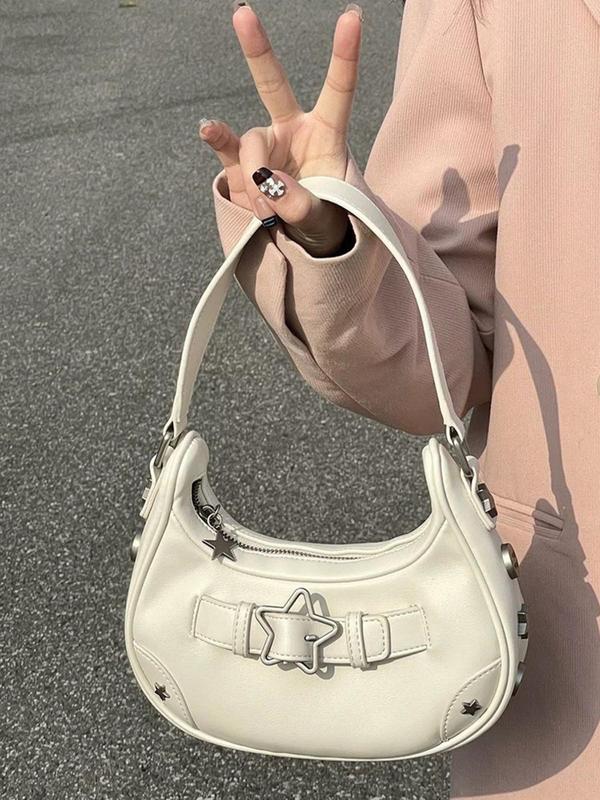 Women's Fashion Star Decorated PU Leather Shoulder Bag, Trendy Street Style Handbag for Daily Used, Zipper All-match Baguette Bag