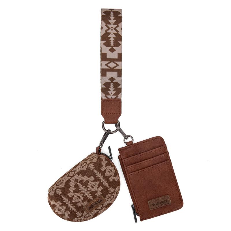 Wrangler 2 PCS SET Southwestern Pattern Print Print Card Holder Whipstitch Wristlet Wallet Portable Zipper Coin Pocket