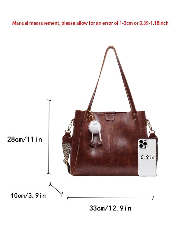 Women's Fashionable Solid Color Tote Bag with Pom Pom Charm, Large Capacity Shoulder Bag for Daily Used, Casual Trendy Versatile High-quality Daily Commuting Bag, Girl Fashionable Bag