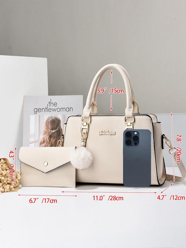 Women's Fashionable Solid Color Bag Set with Pom Pom Charm, PU Leather Handbag & Clutch Bag, Large Capacity One Shoulder Crossbody Bag Set for Daily Used