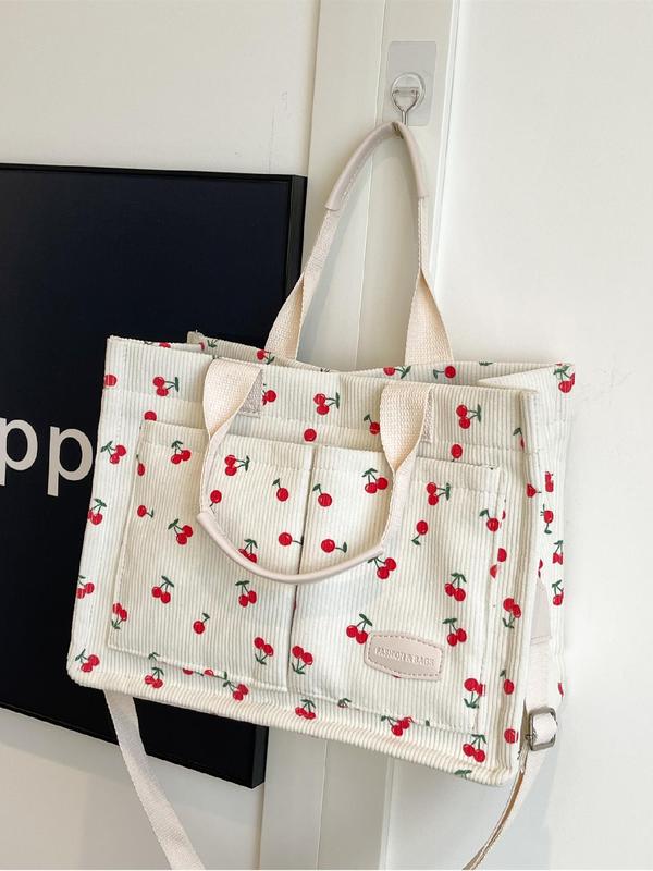 Cherry Pattern Tote Bag, Fashionable Multi-pocket Shoulder Bag for Women, Casual Trendy Versatile High-quality Daily Commuting Bag, Girl Fashionable Shopping Bag