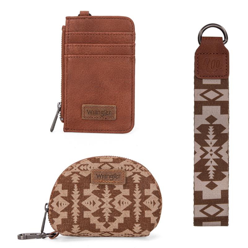 Wrangler 2 PCS SET Southwestern Pattern Print Print Card Holder Whipstitch Wristlet Wallet Portable Zipper Coin Pocket