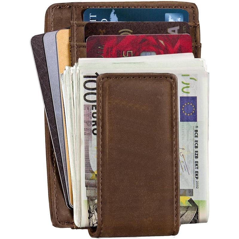 Genuine Leather Magnetic Front Pocket Money Clip Wallet RFID Blocking