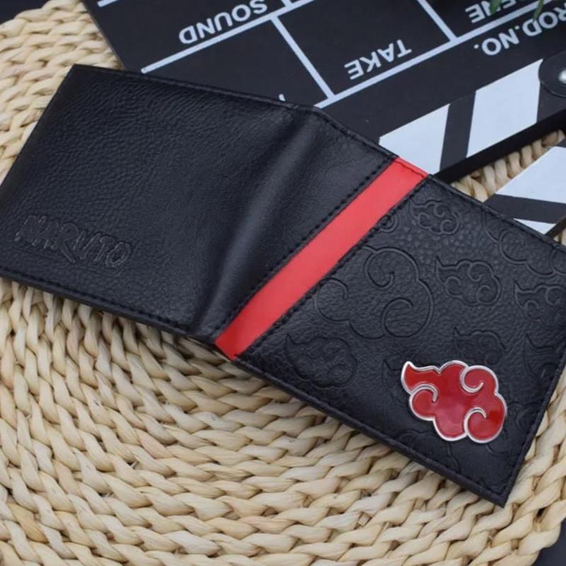 Akatsuki Wallet - Red Cloud Symbol Wallet - Japanese Anime Manga Wallet PU Leather Pendant Foldable Wallet Card Cash Zipper Coin Pocket Indent Pattern Bifold Wallet