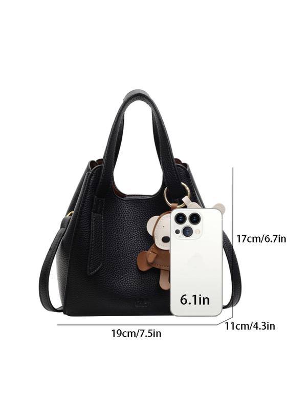 Women's Elegant Solid Color Bucket Bag, 2024 New Style Fashionable Shoulder Bag with Cute Charm, Casual Versatile High-end Commuting Bag