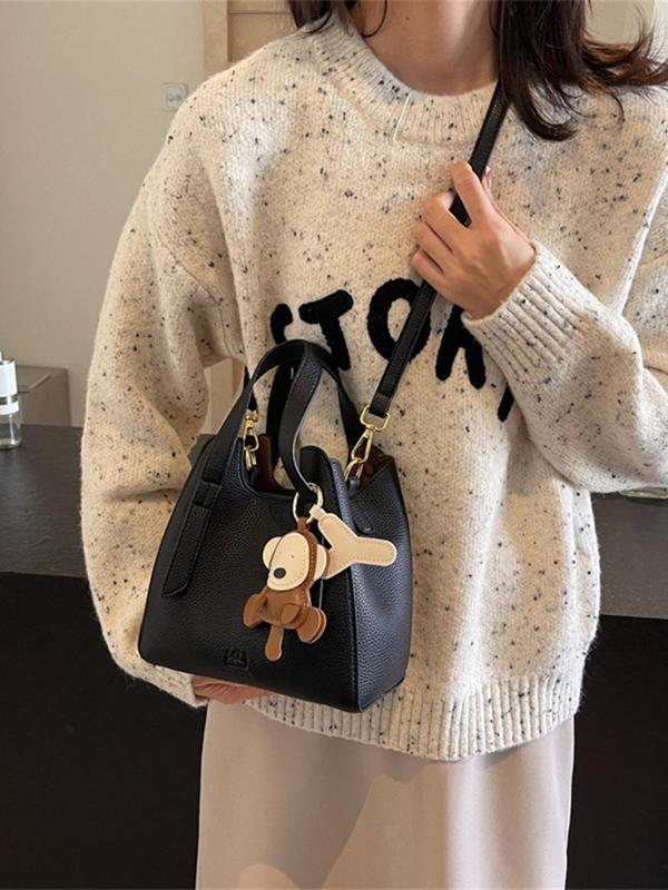 Women's Elegant Solid Color Bucket Bag, 2024 New Style Fashionable Shoulder Bag with Cute Charm, Casual Versatile High-end Commuting Bag