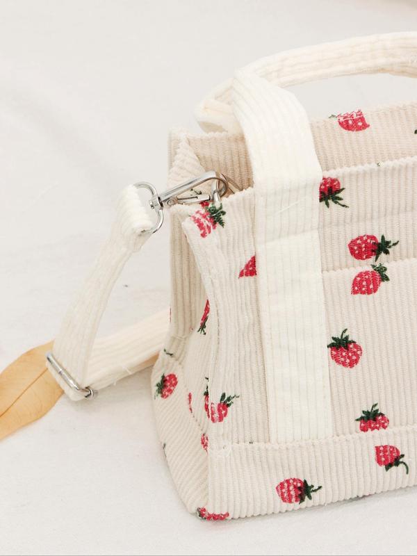 Women's Cute Strawberry Pattern Handbag for Summer, Fashionable Corduroy Crossbody Bag for Women & Girls, Casual Versatile Crossbody Bag for Daily Use