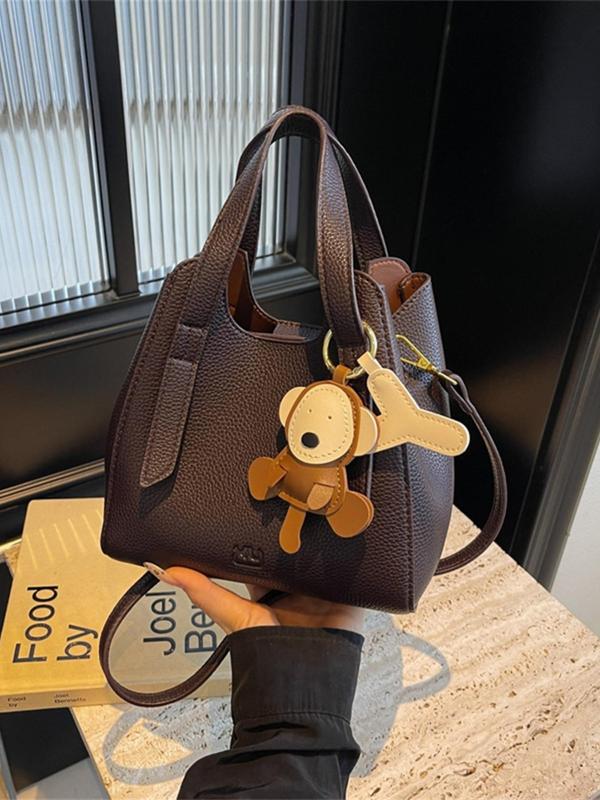 Women's Elegant Solid Color Bucket Bag, 2024 New Style Fashionable Shoulder Bag with Cute Charm, Casual Versatile High-end Commuting Bag