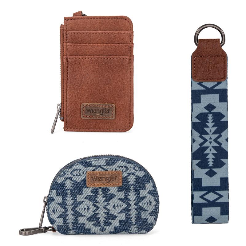 Wrangler 2 PCS SET Southwestern Pattern Print Print Card Holder Whipstitch Wristlet Wallet Portable Zipper Coin Pocket