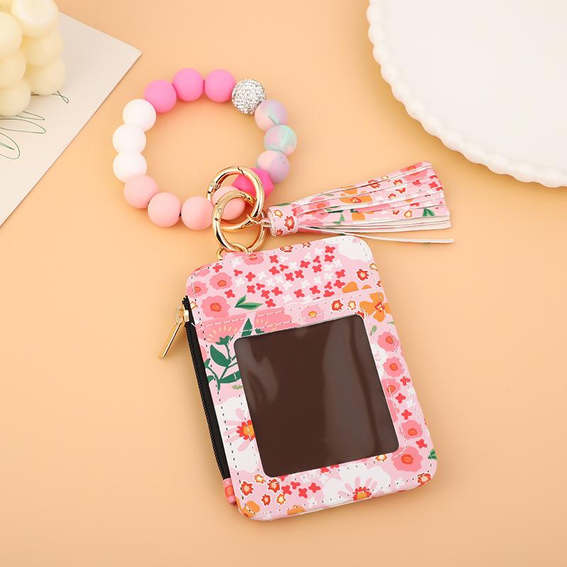 Floral Leather Small Wallet with Keychain and Bracelet,Floral Print Leather Card Bag,Keychain Wallet Wristlet Small Credit Card Holder for Women Girls