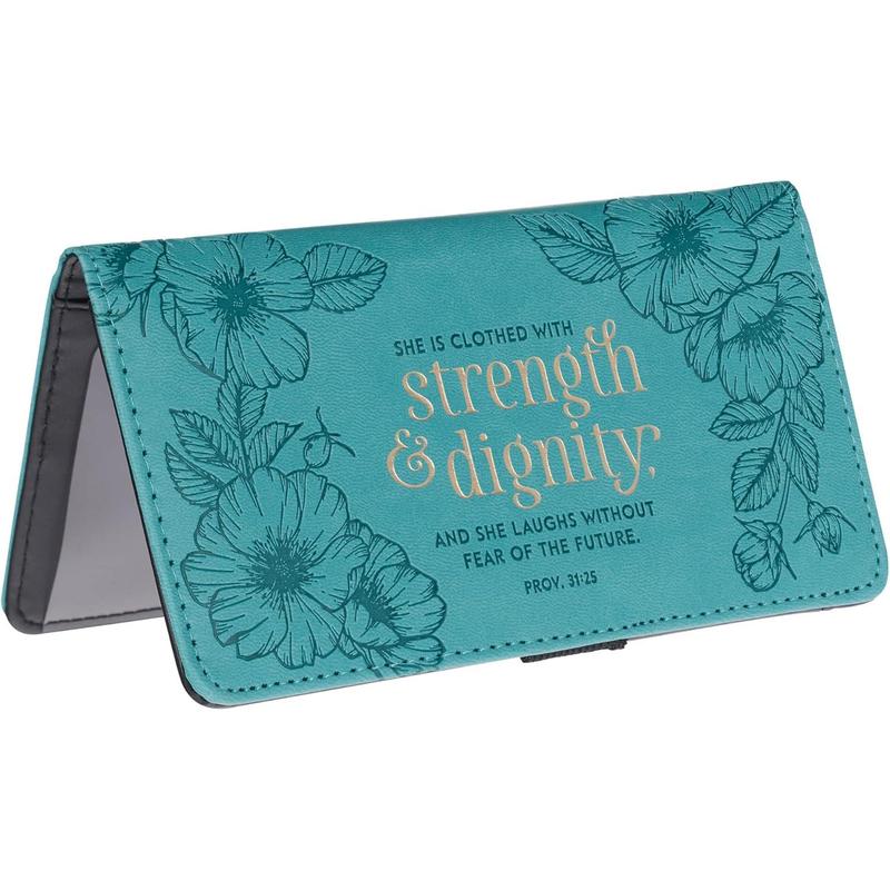 Teal Faux Leather Checkbook Cover for Women with Inspirational Scripture -Strength & Dignity- Checkbook Cover for Duplicate Checks ID Credit Cards & Pen Loop Holder -Proverbs 31:25