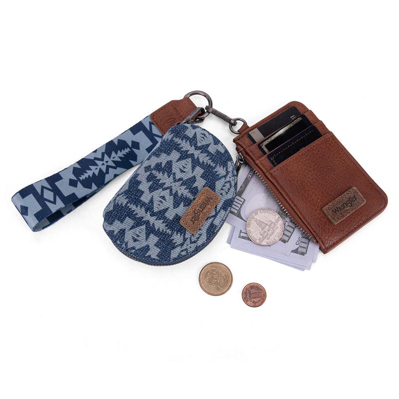 Wrangler 2 PCS SET Southwestern Pattern Print Print Card Holder Whipstitch Wristlet Wallet Portable Zipper Coin Pocket