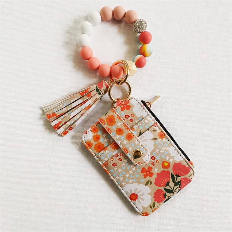 Floral Leather Small Wallet with Keychain and Bracelet,Floral Print Leather Card Bag,Keychain Wallet Wristlet Small Credit Card Holder for Women Girls