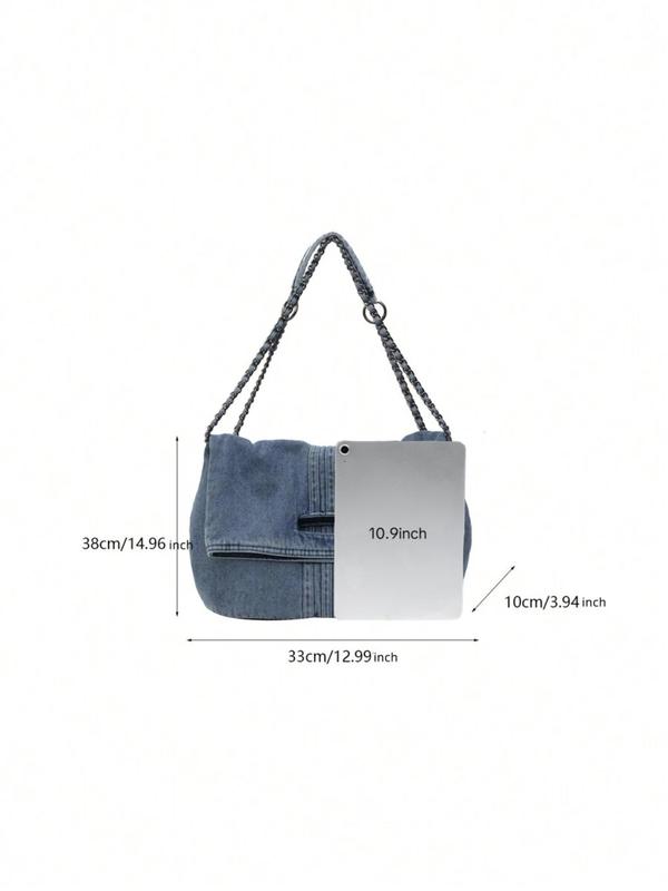 Women's Fashionable Denim Shoulder Bag, Casual Solid Color Chain Strap Crossbody Bag for Daily Used, Trendy All-match Commuter Bag