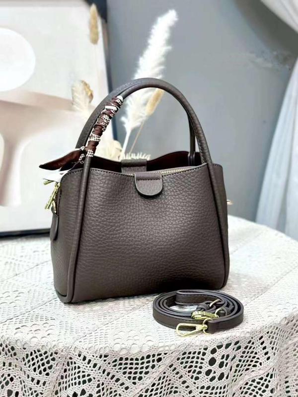 Women's Elegant Lychee Embossed Handbag, with Random Scarf Decor & Adjustable Bag Strap, Fashionable Bucket Bag for Daily Used, Casual Trendy Versatile High-quality Daily Commuting Bag