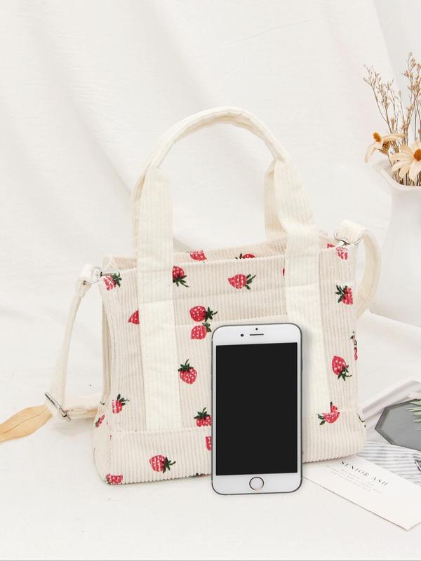 Women's Cute Strawberry Pattern Handbag for Summer, Fashionable Corduroy Crossbody Bag for Women & Girls, Casual Versatile Crossbody Bag for Daily Use