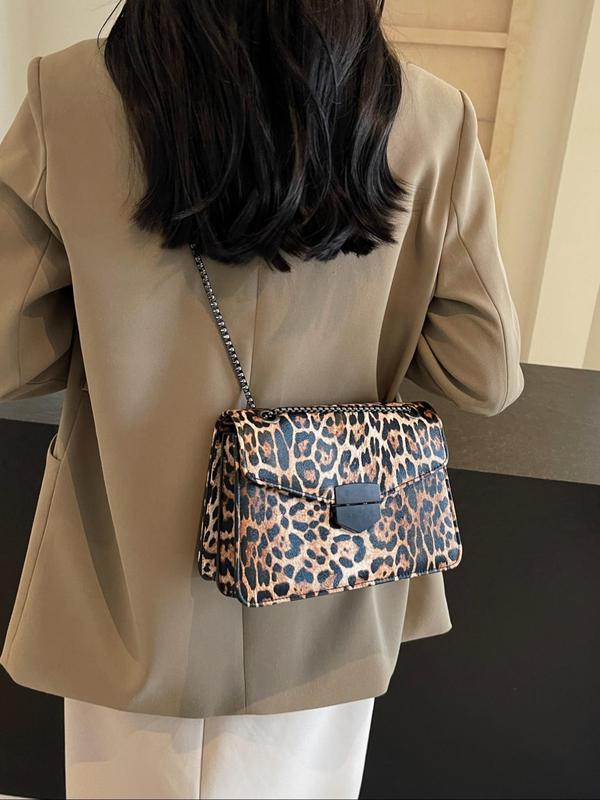 Fashion Leopard Pattern Shoulder Bag, Punk Style Chain Strap Crossbody Bag for Women, Casual Trendy Versatile Vintage Daily Commuting Bag