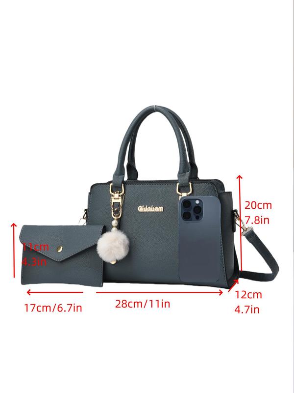 Women's Fashionable Solid Color Bag Set with Pom Pom Charm, PU Leather Handbag & Clutch Bag, Large Capacity One Shoulder Crossbody Bag Set for Daily Used