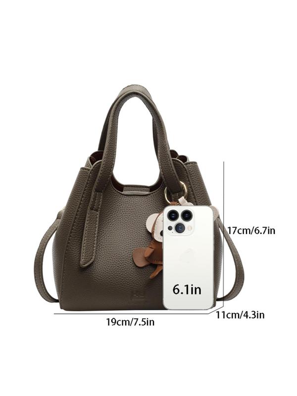 Women's Elegant Solid Color Bucket Bag, 2024 New Style Fashionable Shoulder Bag with Cute Charm, Casual Versatile High-end Commuting Bag