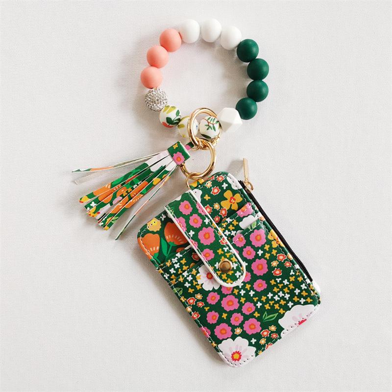 Floral Leather Small Wallet with Keychain and Bracelet,Floral Print Leather Card Bag,Keychain Wallet Wristlet Small Credit Card Holder for Women Girls