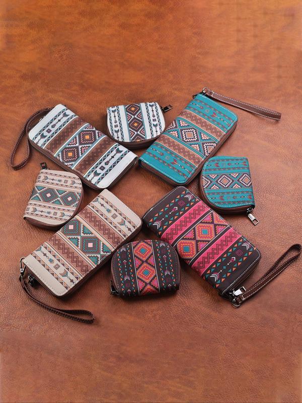 Boho Style Ethnic Pattern Zipper Wallet & Coin Purse, Vintage Style Argyle Pattern Wallet Set, Fashionable Wallet Set for Women