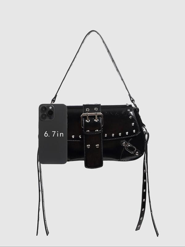 Women's Punk Style Rivet Decor Shoulder Bag, Fashionable Tassel Decor Shoulder Bag for Daily Used, Casual Trendy Versatile High-quality Daily Commuting Bag