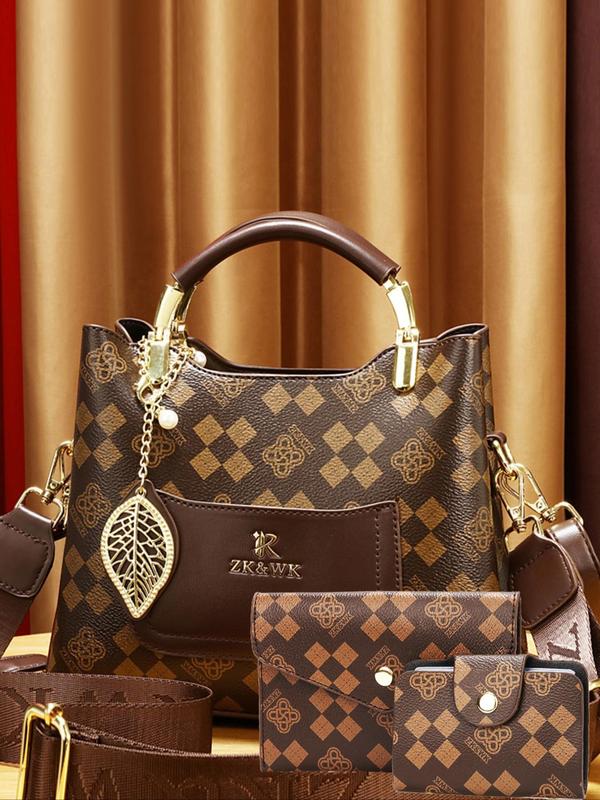 Women's Elegant Geometric Pattern Handbag & Wallet & Clutch Bag, Fashionable Pu Leather Bag Set for Work & Daily Used, Casual Trendy Versatile All-match Commuting Bag Set