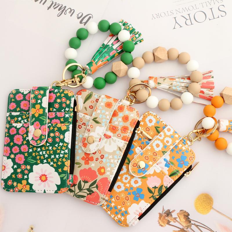 Floral Leather Small Wallet with Keychain and Bracelet,Floral Print Leather Card Bag,Keychain Wallet Wristlet Small Credit Card Holder for Women Girls