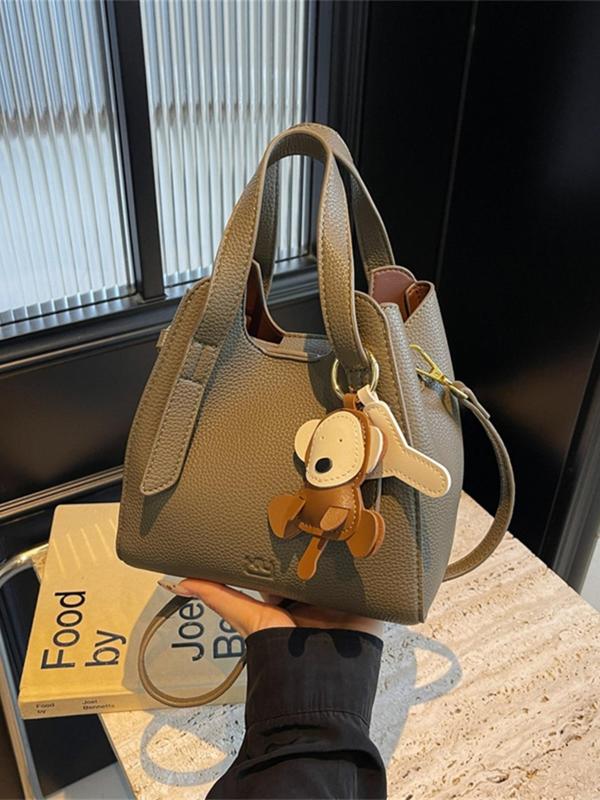 Women's Elegant Solid Color Bucket Bag, 2024 New Style Fashionable Shoulder Bag with Cute Charm, Casual Versatile High-end Commuting Bag