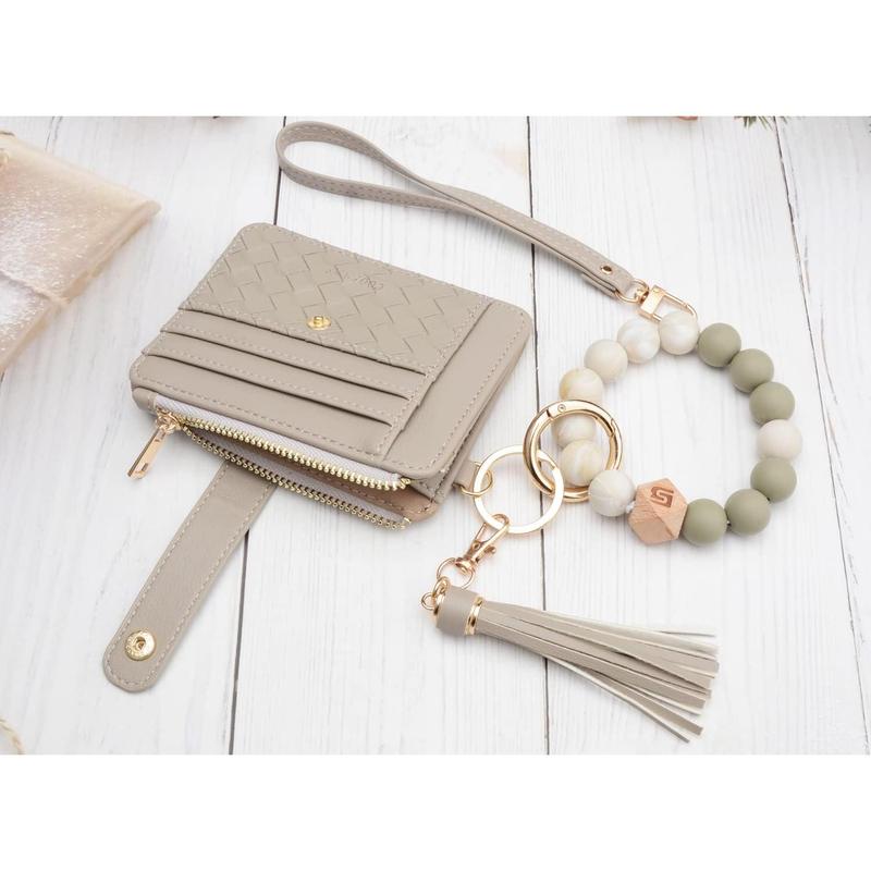 Wristlet bracelet keychain credit card holder purse, RFID blocking zipper slim wallet, tassel key ring wallet for women