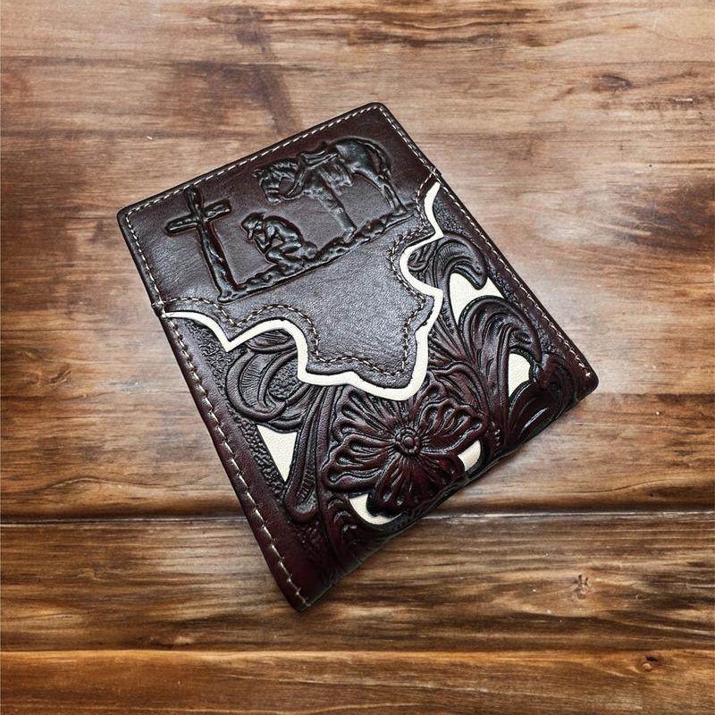 Mens Floral Cowboy Praying At Cross Embossed Cowboy Western Leather Wallet High End Cut Out Layered Leather Style Mens Wallets Leather Bull Rider Rodeo Gifts For Men b swallet