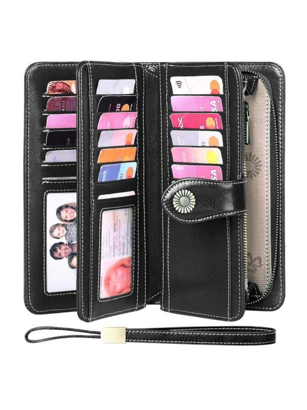 Genuine Leather Women's Casual Plain Long Wallet  for Mom, Large Capacity Rfid Blocking Wallet with Wrist Strap, Casual Trendy Versatile High-quality Daily Wallet