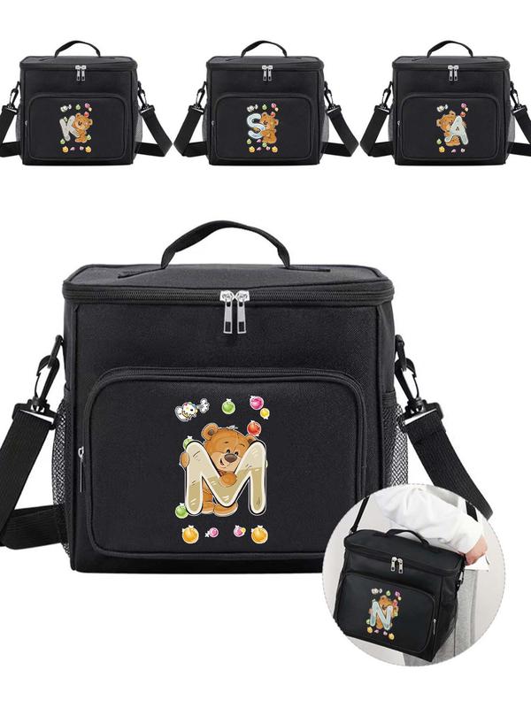 Cartoon Bear & Letter Pattern Lunch Bag, Insulated Lunch Bag with Adjustable Strap, Durable Waterproof Cooler Bag & Insulated Food Bag for Work School