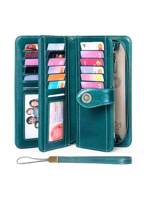 Genuine Leather Women's Casual Plain Long Wallet  for Mom, Large Capacity Rfid Blocking Wallet with Wrist Strap, Casual Trendy Versatile High-quality Daily Wallet