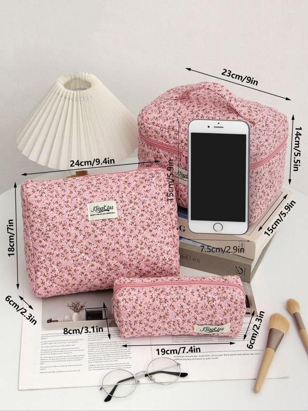 Floral Pattern Quilted Makeup Bag,  Large Travel Cosmetic Bag Polyester Portable Handheld Pouch Zipper Toiletry, for Living Room Floral