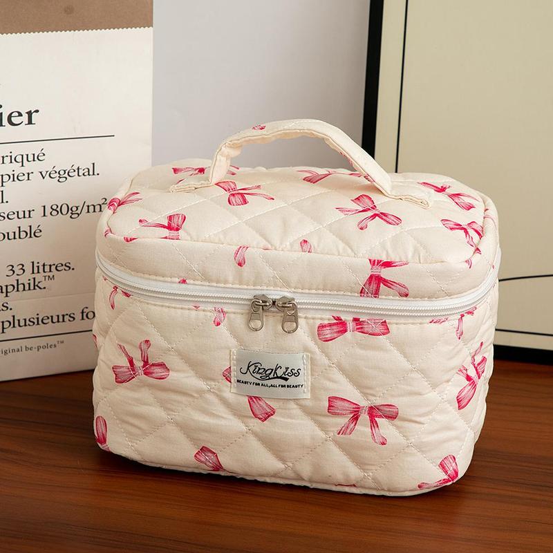 Bowknot Pattern Quilted Makeup Bag Set, 3 Counts Large Capacity Cosmetic Storage Bag, Zipper Makeup Organizer Pouch, Versatile Storage Bag, Makeup Tool