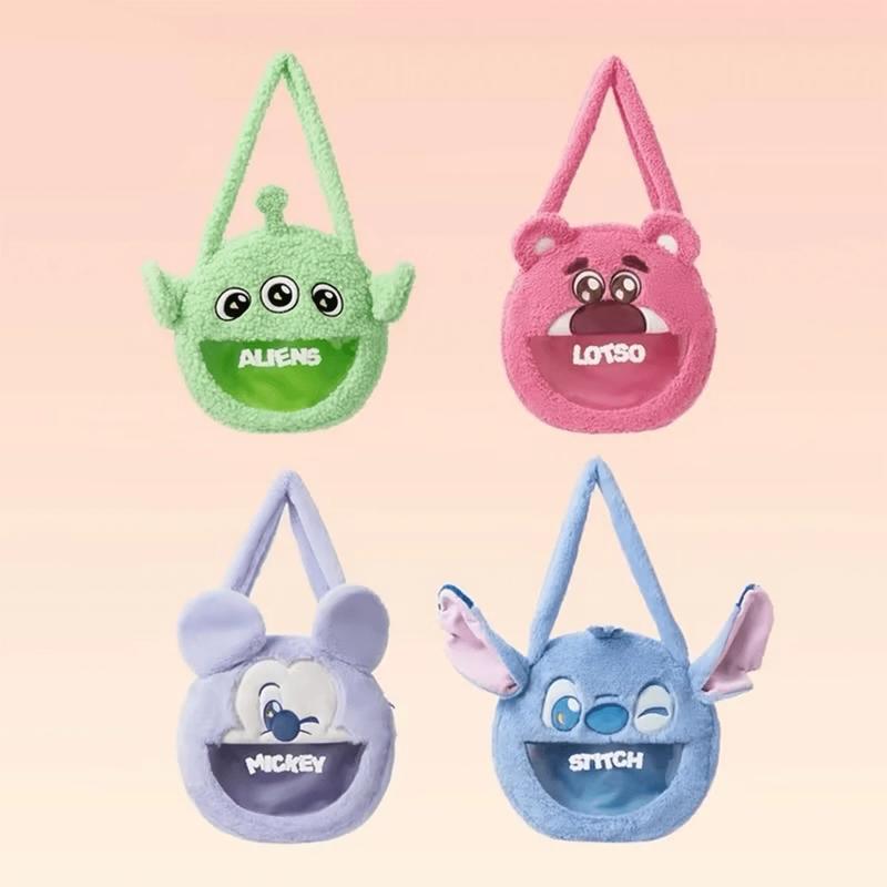 Disney Shoulder Bag For Women Tote Bag Blue Pink Stitch Strawberry Bear Rounded Shape Fluffy Bag Cute Shoulder Bag For Girl Large Capacity Inner Visible Bag