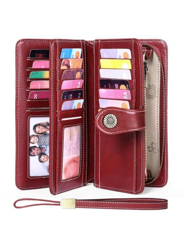 Genuine Leather Women's Casual Plain Long Wallet  for Mom, Large Capacity Rfid Blocking Wallet with Wrist Strap, Casual Trendy Versatile High-quality Daily Wallet