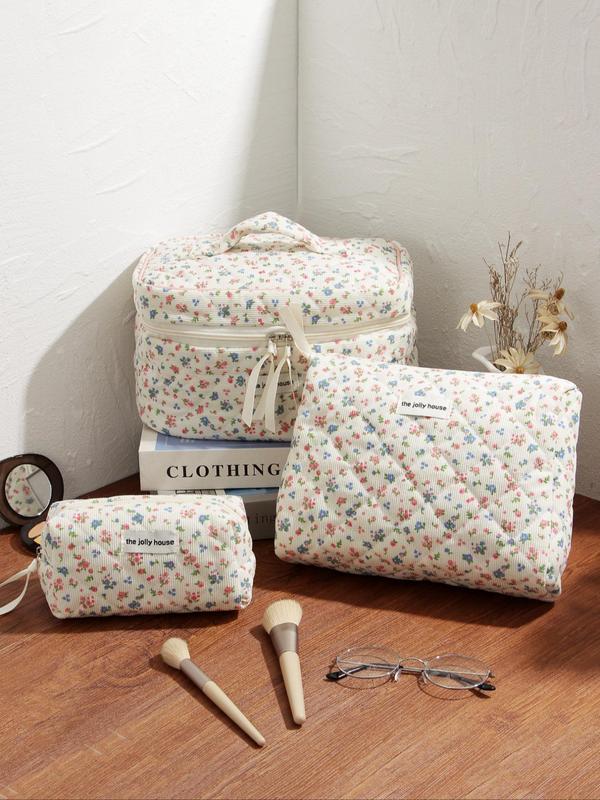 Floral Pattern Quilted Makeup Bag,  Large Travel Cosmetic Bag Polyester Portable Handheld Pouch Zipper Toiletry, for Living Room Floral