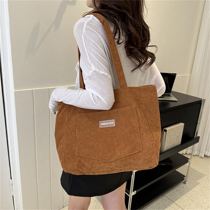 Solid Color Tote Bag, Trendy Shoulder Bag, All-Match Corduroy Handbag, Women's Classic Purse