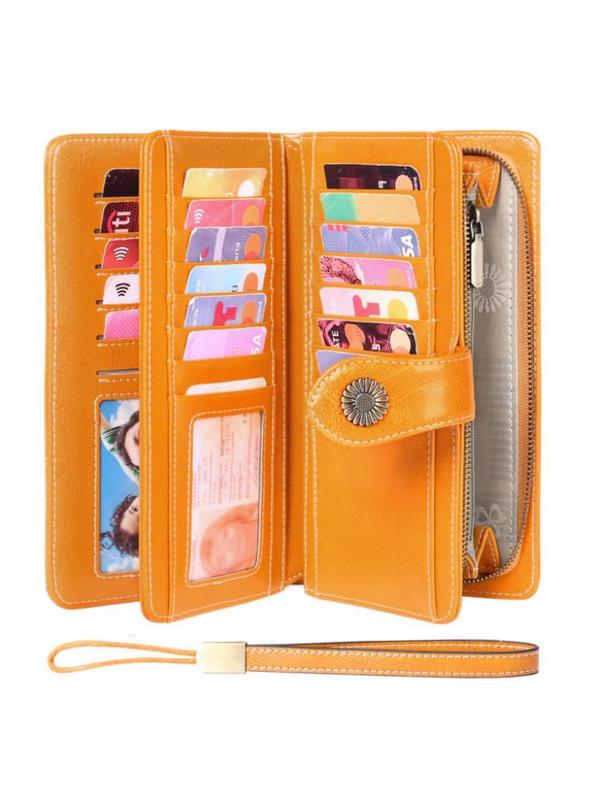 Genuine Leather Women's Casual Plain Long Wallet  for Mom, Large Capacity Rfid Blocking Wallet with Wrist Strap, Casual Trendy Versatile High-quality Daily Wallet