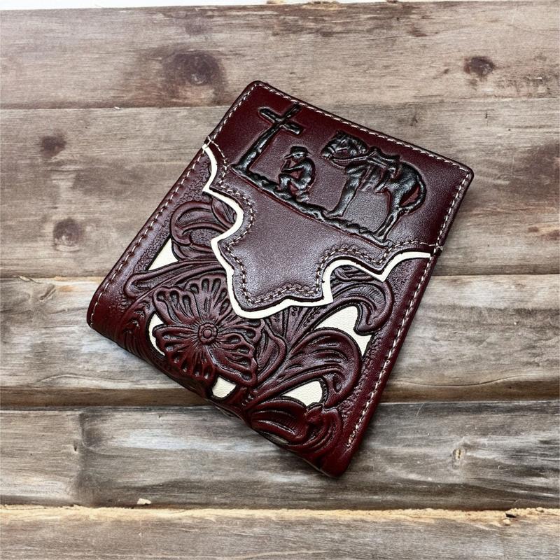 Mens Floral Cowboy Praying At Cross Embossed Cowboy Western Leather Wallet High End Cut Out Layered Leather Style Mens Wallets Leather Bull Rider Rodeo Gifts For Men b swallet