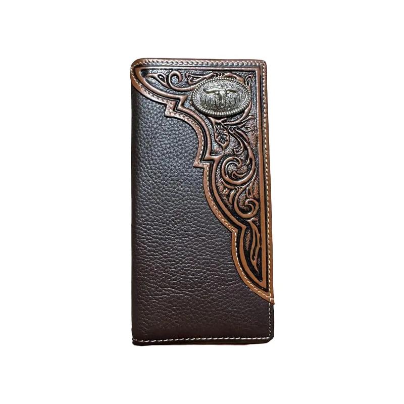 Mens Long Wallet Brown Coffee Leather Soft Leather Checkbook Style Cowboy High end Mens Wallets Leather Longhorn Concho Tooled Wallet Hand Ultra Strong Stitching Gift For Him