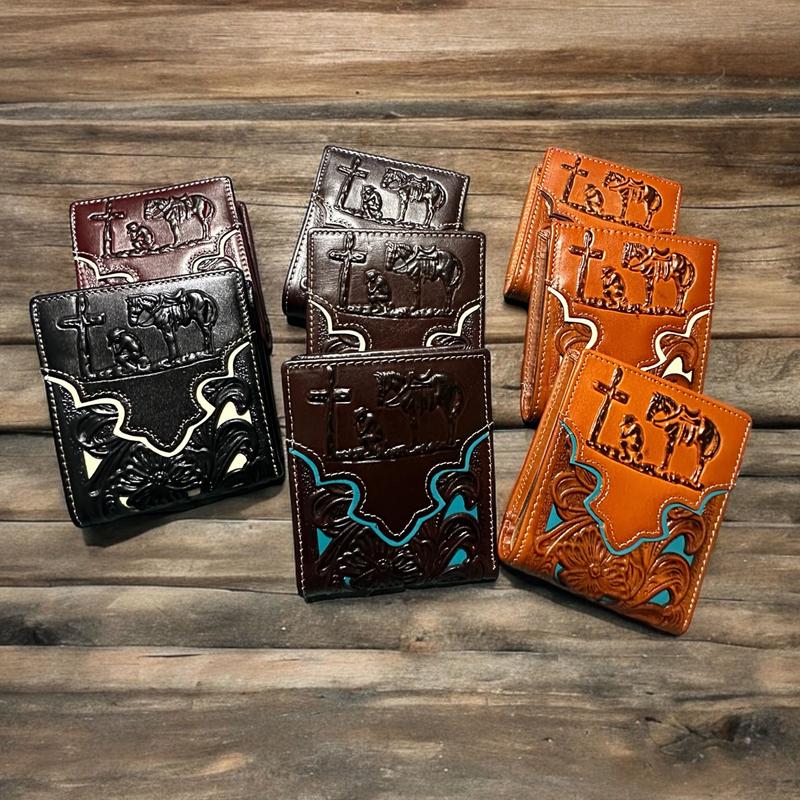 Mens Floral Cowboy Praying At Cross Embossed Cowboy Western Leather Wallet High End Cut Out Layered Leather Style Mens Wallets Leather Bull Rider Rodeo Gifts For Men b swallet