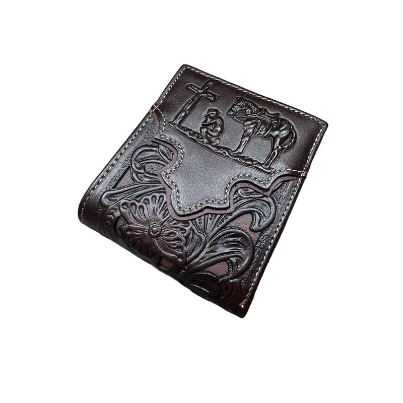 Mens Floral Cowboy Praying At Cross Embossed Cowboy Western Leather Wallet High End Cut Out Layered Leather Style Mens Wallets Leather Bull Rider Rodeo Gifts For Men b swallet